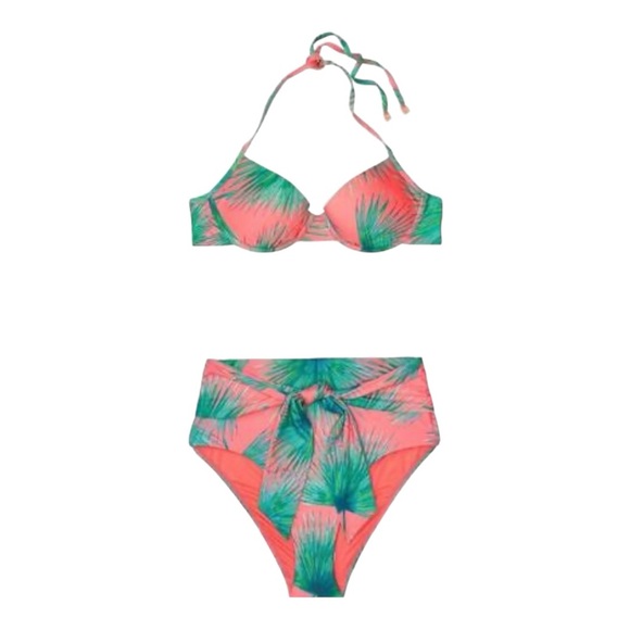 Victoria’s Secret Palm Print Bikini Set 36C Top M Bottoms Tropical High Waist - Picture 1 of 7